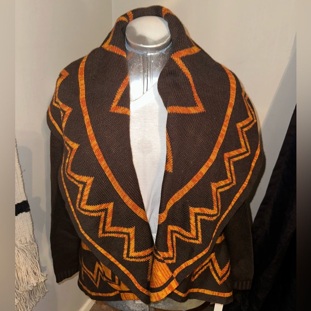 Soft Black w/ Sunburnt Orange Aztec Cardigan with wide long lapel